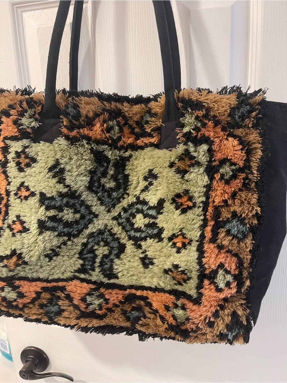 Faux Shag Rug Mosaic Tote Bag in Olive & Rust - Picture 4 of 16